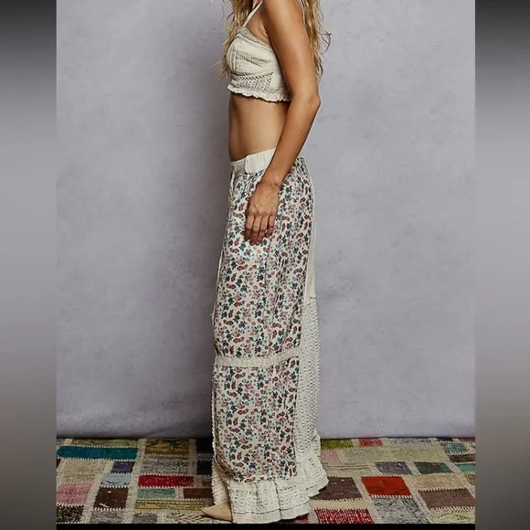 POL- NWT double gauze lace print patch woven ruffle wide leg pants MEDIUM - Picture 3 of 5